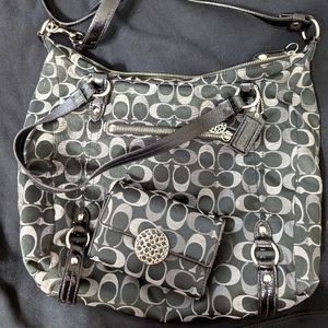 Black fabric Coach bag and matching wallet